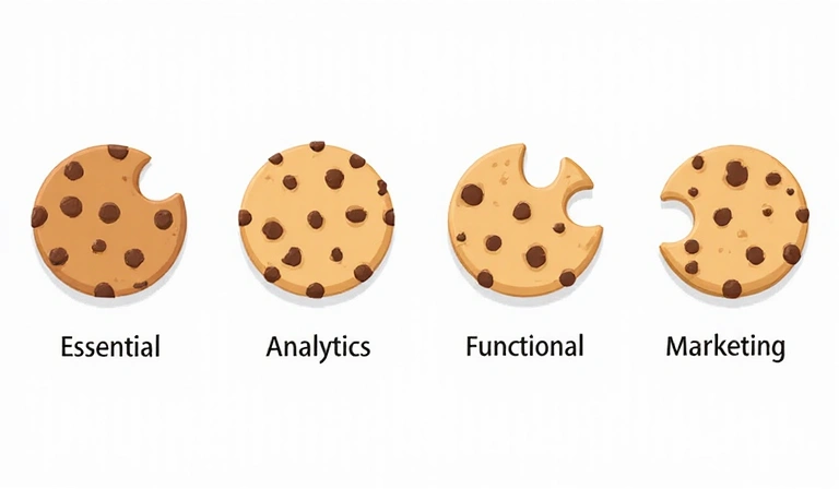 Illustration von verschiedenen Cookie-Symbolen, die die unterschiedlichen Typen (notwendig, Analyse, funktional, Marketing) darstellen, mit kleinen Beschreibungen.