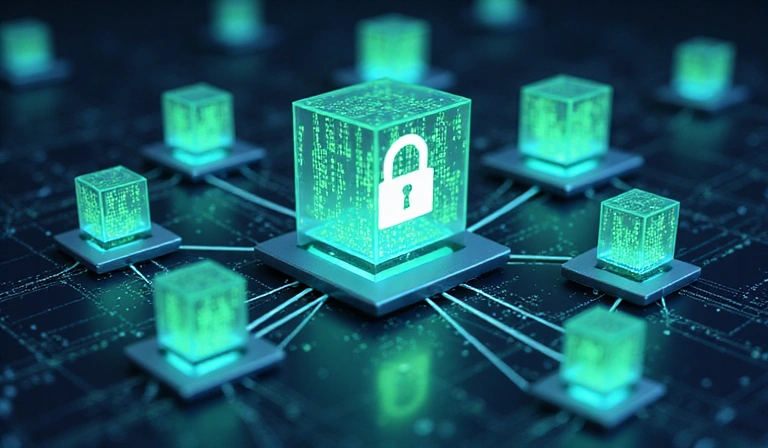 Abstract illustration of data privacy and security, showing locked data and protective shields