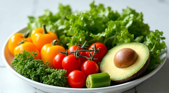Teller mit bunten, frischen Salatzutaten